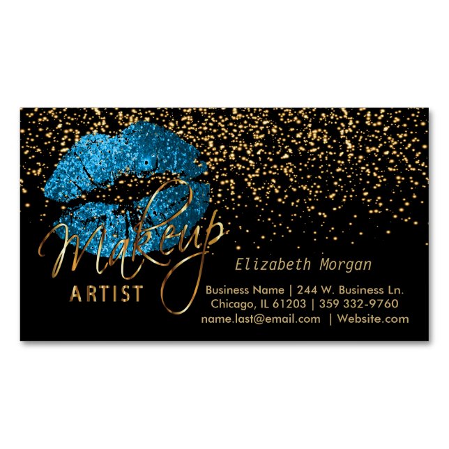 Makeup Artist with Gold Confetti & Turquoise Lips Magnetic Business Card (Front)