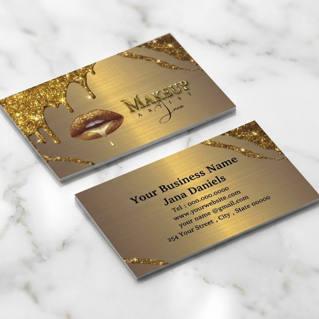 Makeup Artist With Gold Dripping Lips  Business Card (#makeupartistcard#goldbusinesscard#glitterdesign#luxurybusinesscard#makeupbrand#beautybranding
)