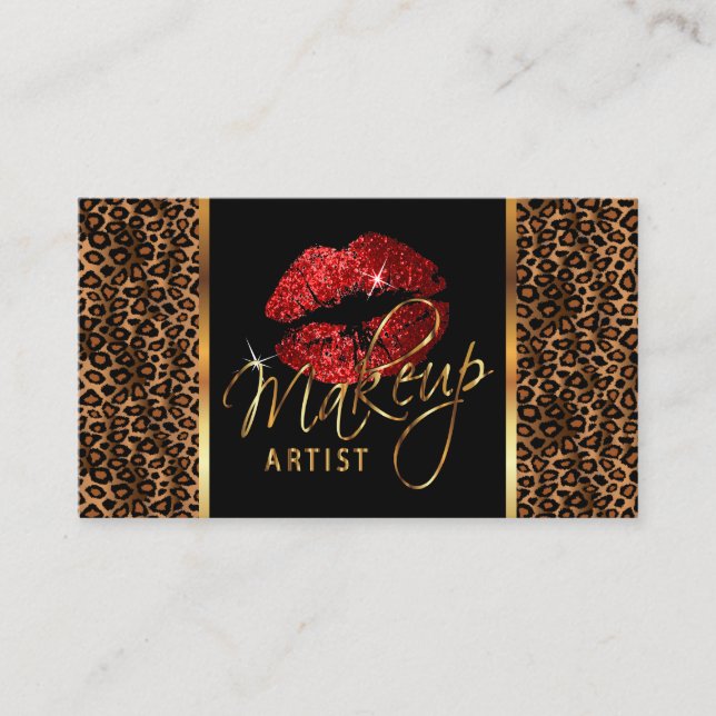 Makeup Artist with Leopard and Red Lips Business Card (Front)