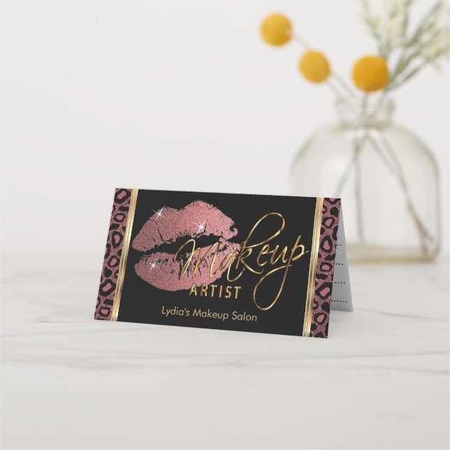 Makeup Artist with Leopard & Rose Gold Lips   Appointment Card (Front)