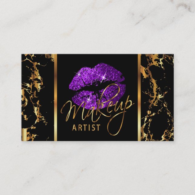Makeup Artist with Marble Gold & Purple Accents Business Card (Front)