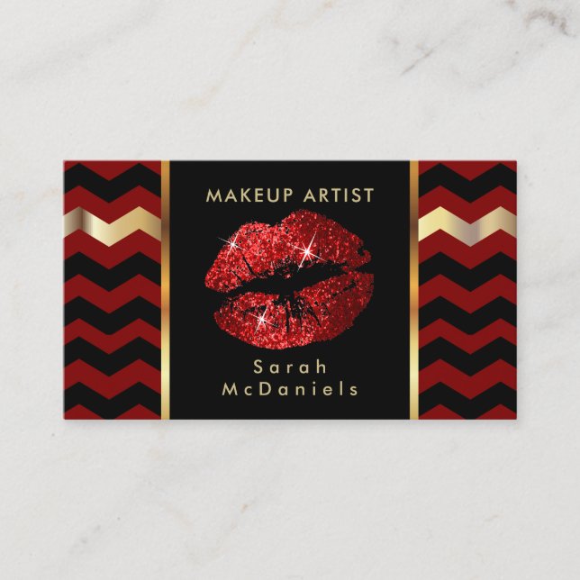 Makeup Artist with Red & Chevron Gold Accents Business Card (Front)