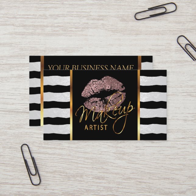 Makeup Artist with Stripes & Dusty Rose Lips Business Card (Front/Back In Situ)