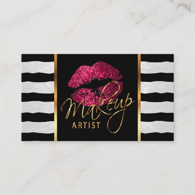 Makeup Artist with Stripes & Hot Pink Lips Business Card (Front)