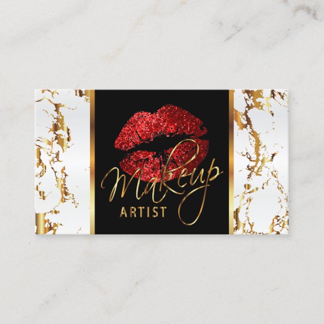Makeup Artist with White Marble Gold & Red Accents Business Card (Front)