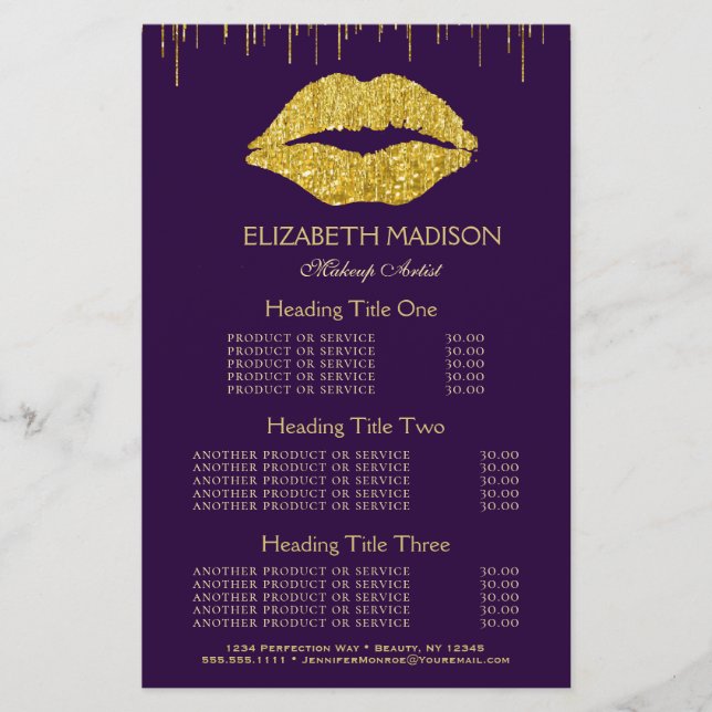 Makeup Artists Gold Glam Lips Services and Pricing (Front)