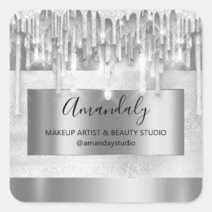 Makeup Beauty Glitter Silver Frame Boutique Grey Square Sticker