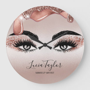 Makeup Beauty Lashes Rose Gold Drips Glitter Large Clock