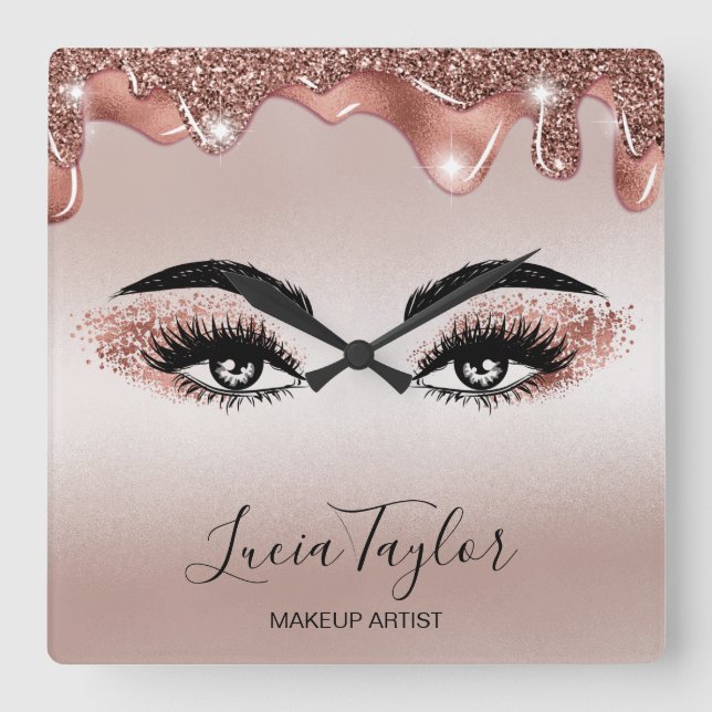 Makeup Beauty Lashes Rose Gold Drips Glitter Square Wall Clock (Front)