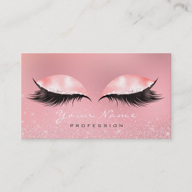 Makeup Beauty Pink Rose White Glass Lashes Glitter Business Card (Front)