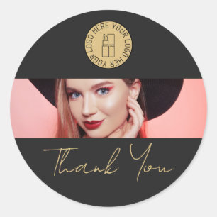 Makeup Beauty Salon Business Logo Thank You Classic Round Sticker