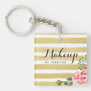 Makeup Beauty Salon Gold Stripes Pink Flower Decor Key Ring