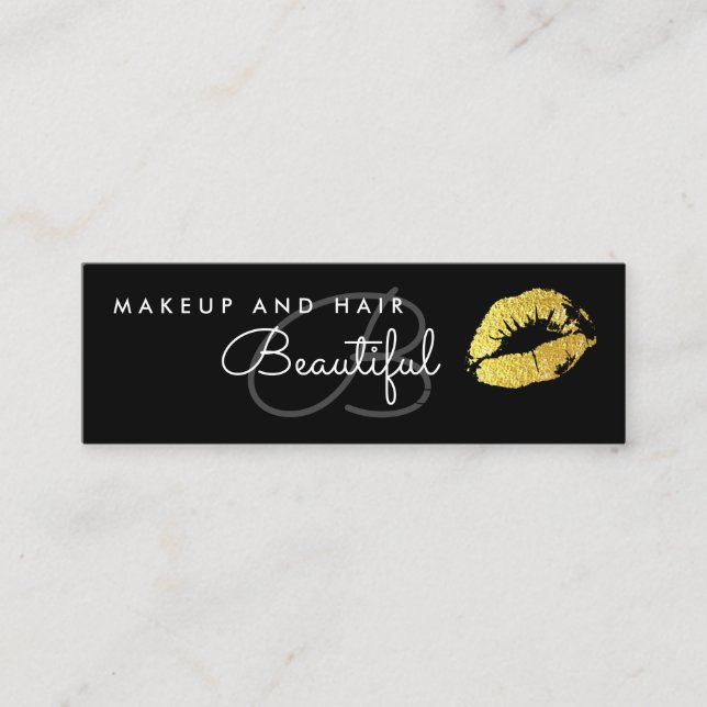 Makeup Beauty Salon Monogram Gold Lips Black Mini Business Card (Front)
