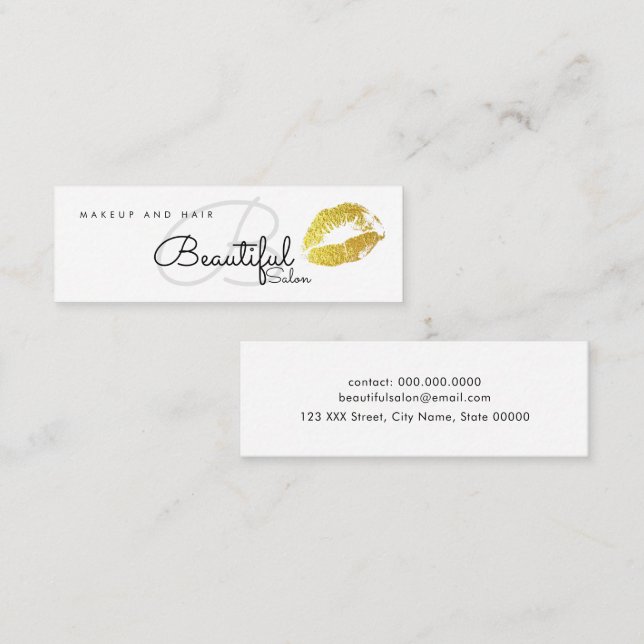 Makeup / Beauty salon monogram with gold lips Mini Business Card (Front/Back)