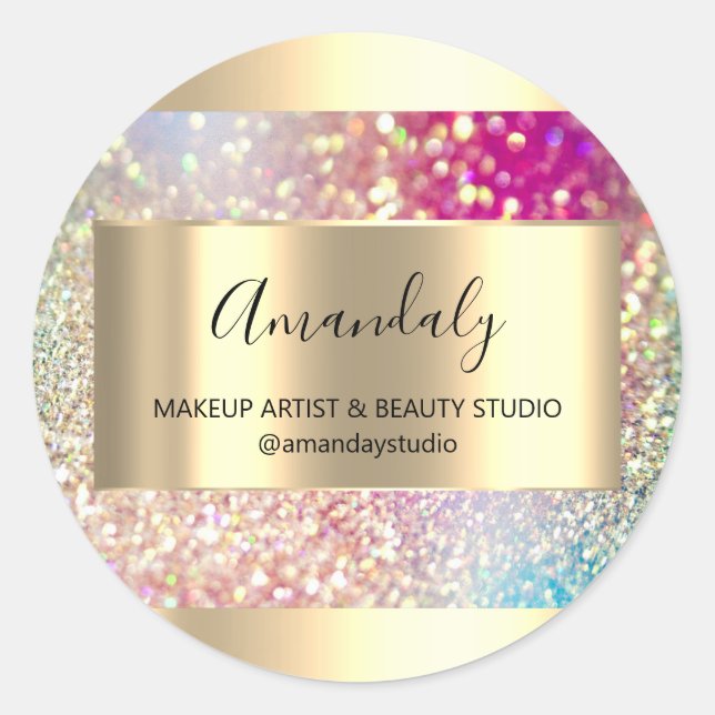 Makeup Beauty Shop Frame Gold Favour Holograph Lux Classic Round Sticker (Front)