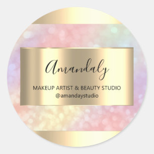 Makeup Beauty Shop Frame Gold Favour Holographic Classic Round Sticker