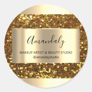 Makeup Beauty Shop Framed Gold Favour Thank Glitte Classic Round Sticker