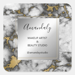 Makeup Beauty Shop Thank Gold Marble Frame Grey Square Sticker