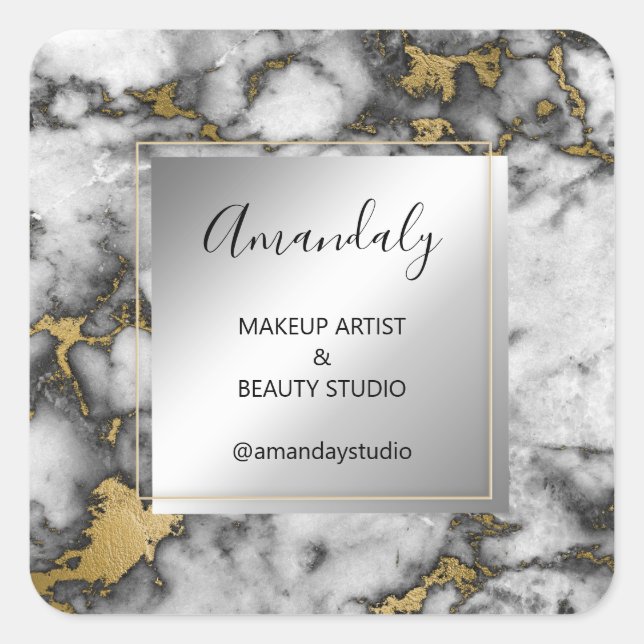 Makeup Beauty Shop Thank Gold Marble Frame Grey Square Sticker (Front)
