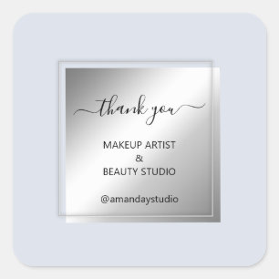 Makeup Beauty Shop Thank Silver Frame Blue Square Sticker
