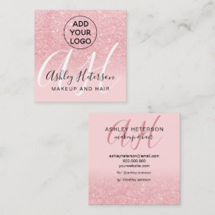 Makeup blush pink glitter logo monogram square business card