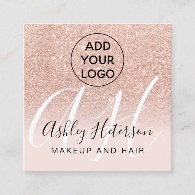 Makeup blush rose gold glitter logo monogram square business card (Front)