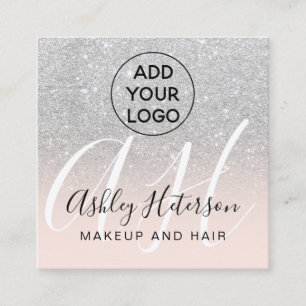 Makeup blush silver glitter logo monogram square business card
