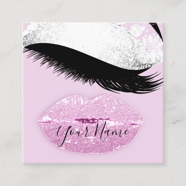 Makeup Boutique Pink Kiss Lips Lash QR Code Square Business Card (Front)