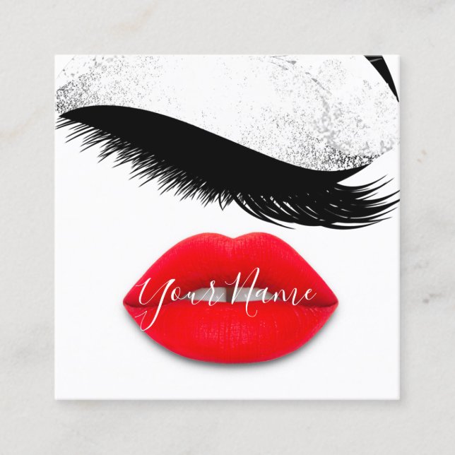Makeup Boutique White Kiss Red Lips Lash QR Code  Square Business Card (Front)