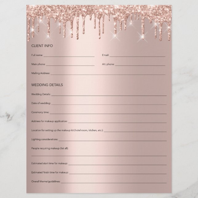 Makeup Bridal Consultation Form Rose Drips Glitter Flyer (Back)