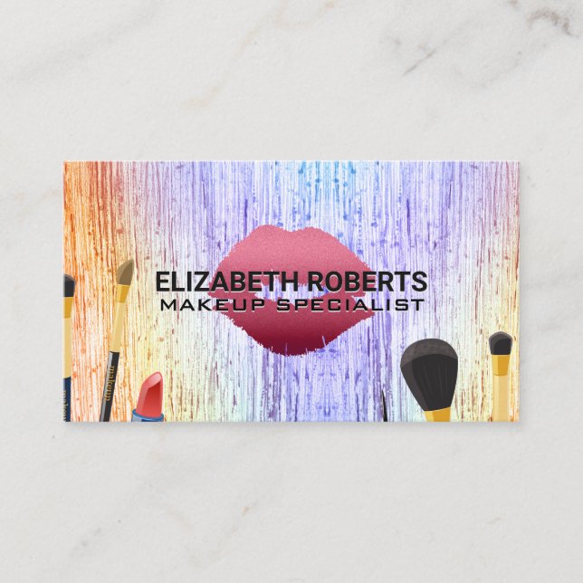 Makeup Brushes | Colourful Texture | Lipstick Kiss Business Card (Front)