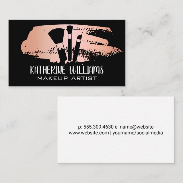 Makeup Brushes | Rose Gold Metallic Brush Stroke Business Card (Front/Back)