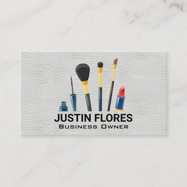Makeup Brushes | White Leather Texture Business Card (Front)