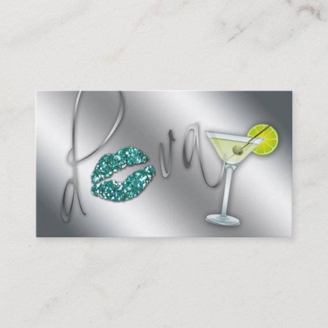 Makeup Business Card Diva Teal Sparkle Martini (Front)