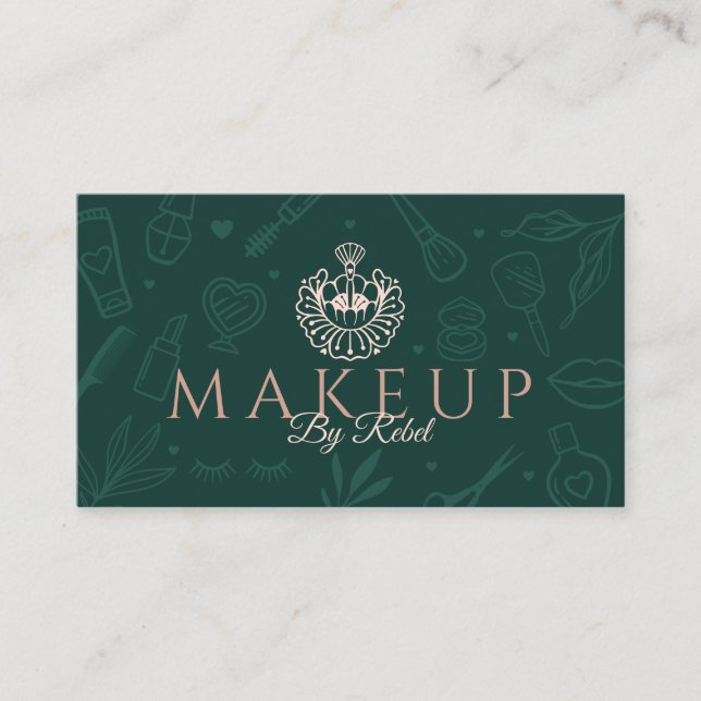 Makeup By | Beauty Charms Green & Pink Makeup Logo Business Card (Front)