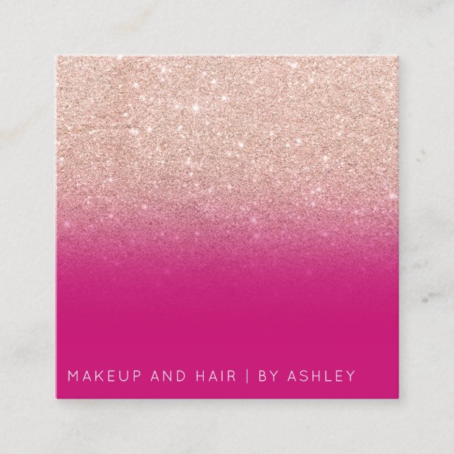 Makeup chic typography neon pink rose gold glitter square business card (Front)