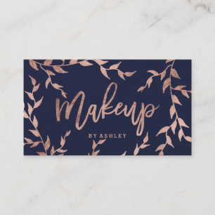 Makeup chic typography rose gold floral navy blue business card