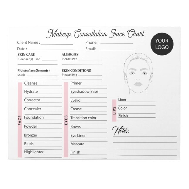 Makeup Consultation Face White and Pink Chart Notepad (Front)