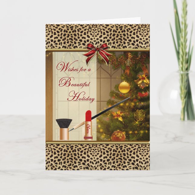 Makeup Cosmetics Happy Holidays Animal Print Card (Front)