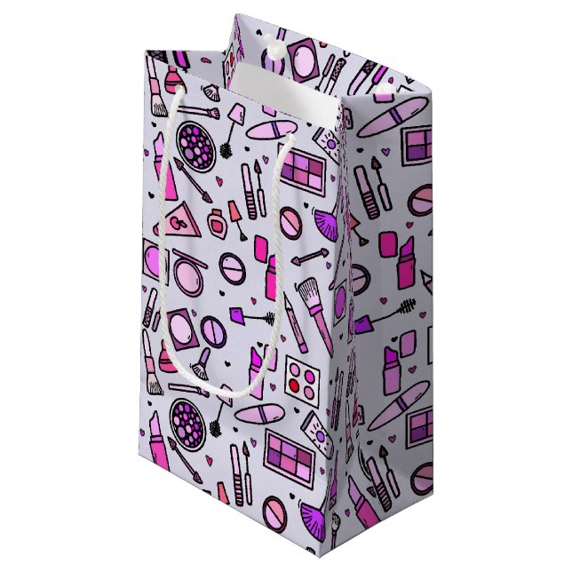 Makeup Cosmetics Illustrated Pink Pattern Small Gift Bag (Front Angled)