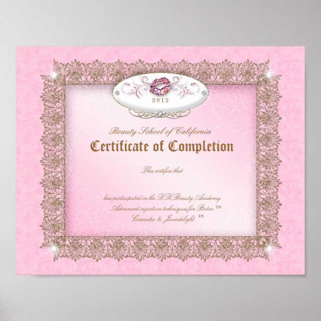 Makeup Diploma Certificate of Completion Pink Lips Poster (Front)