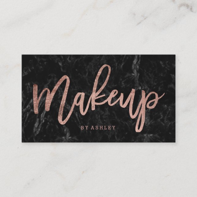 Makeup elegant faux rose gold script black marble business card (Front)