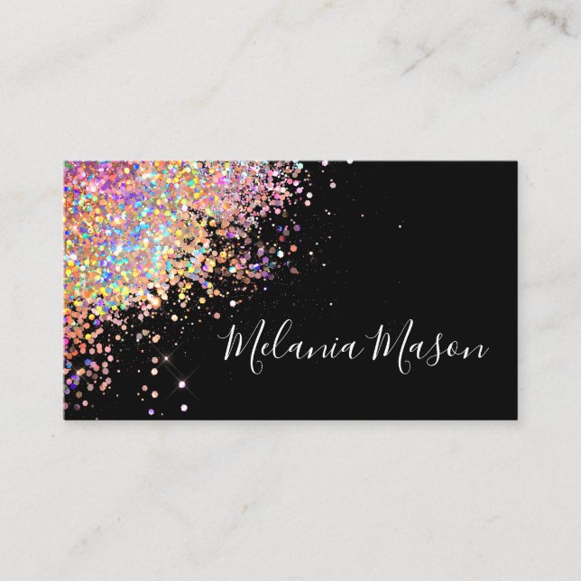 Makeup Elegant Holographic Rose Gold Glitter Black Business Card (Front)