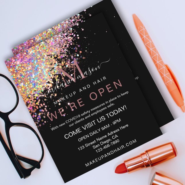 Makeup Elegant Holographic Rose Gold Glitter Black Flyer (Creator Uploaded)