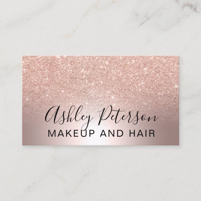 Makeup elegant metallic marble rose gold glitter business card (Front)