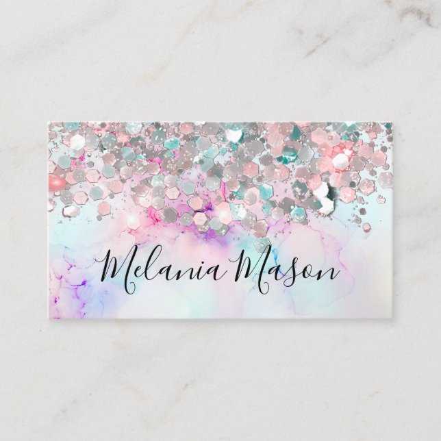 Makeup Elegant Pastel Alcohol Ink Glitter Modern Business Card (Front)