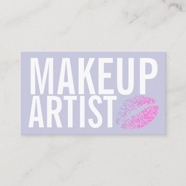 Makeup Elegant Typography Lavender Glitter Lips Business Card (Front)