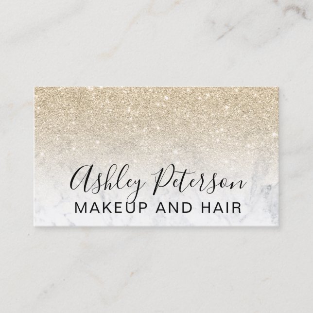 Makeup elegant typography marble champagne glitter business card (Front)