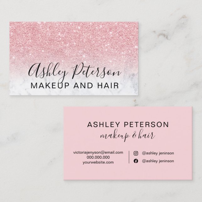 Makeup elegant typography marble pink glitter business card (Front/Back)