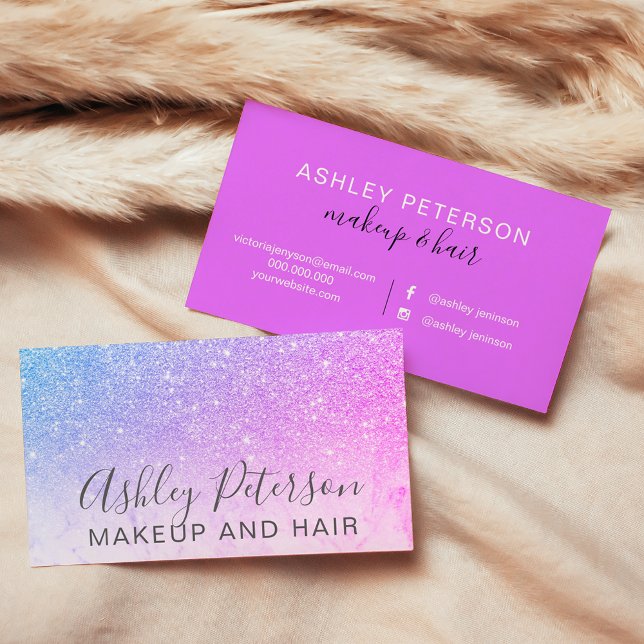 Makeup elegant typography marble purple glitter business card (Makeup elegant typography marble purple glitter business card)